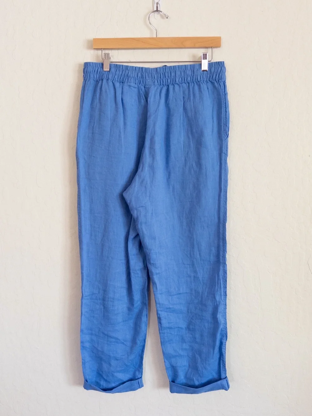 H&M 100% Linen Pull On Elastic Waist Pants Medium Blue Beach Coastal Travel Boho